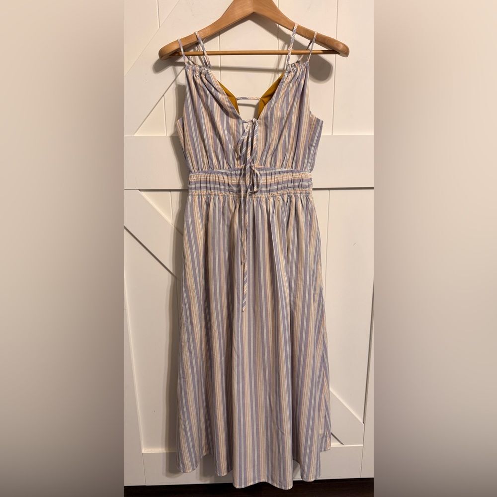 New Gigi James Stripe Smocked Midi Dress Medium Summer Dress Front Ties